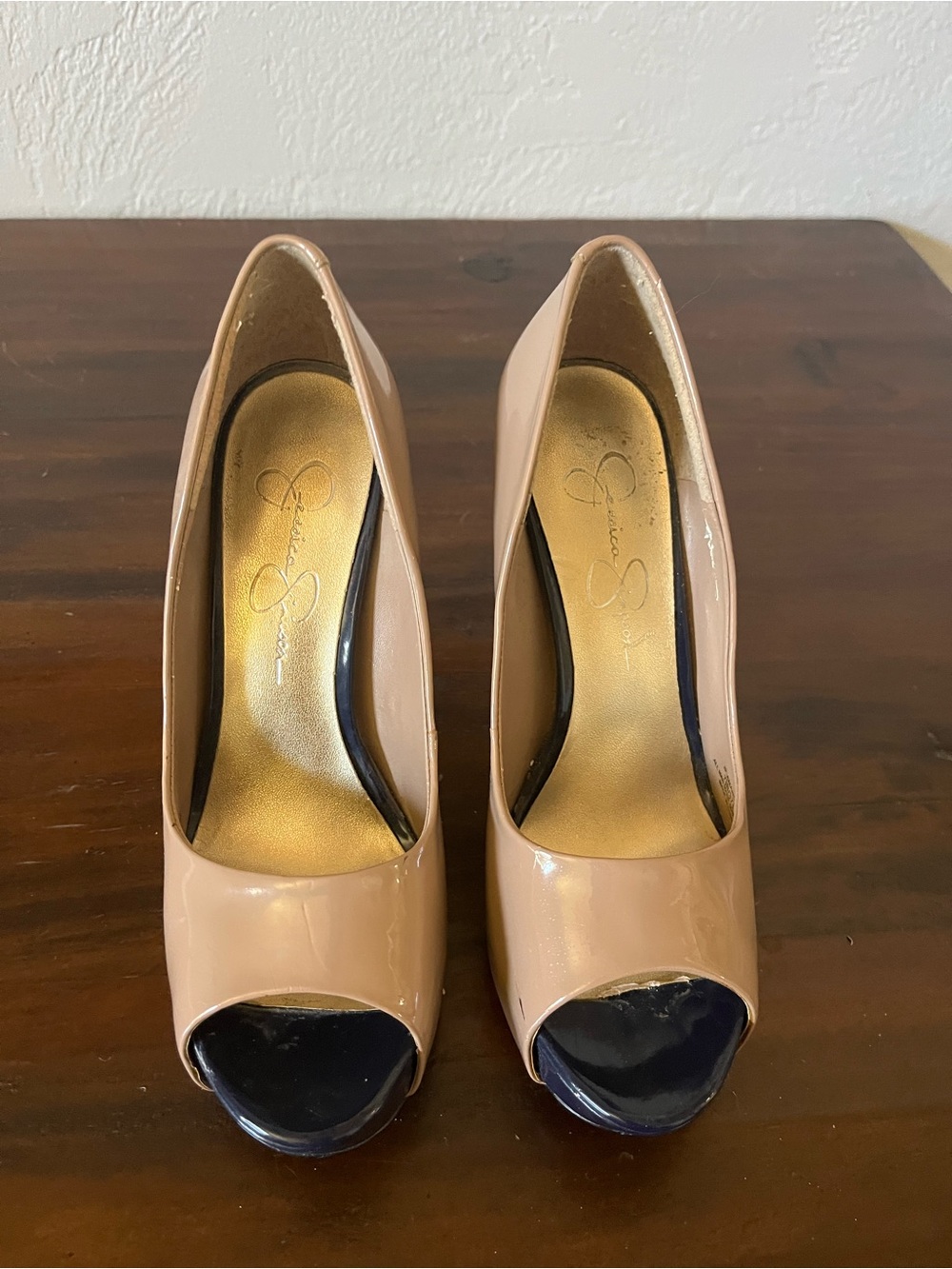 Jessica Simpson Nude Patent Peep-Toe Pumps with Gold Insole